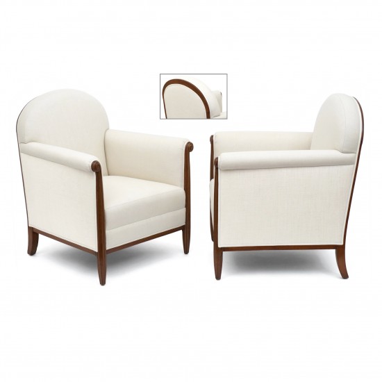 Pair of French Upholstered Chairs with Walnut Legs