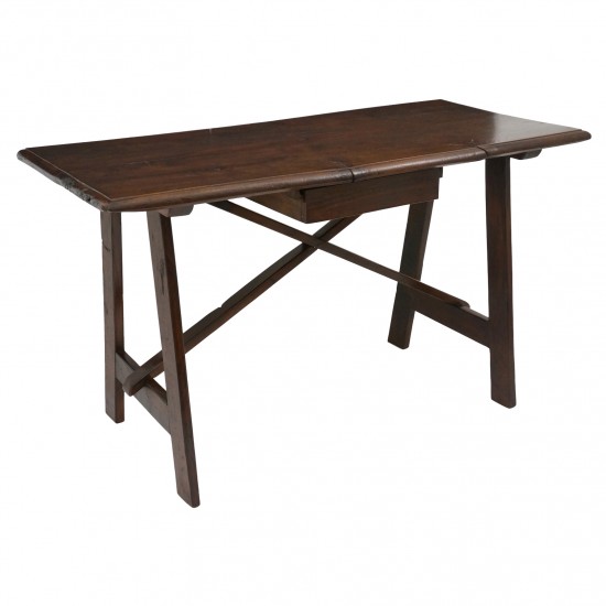Italian Walnut Trestle Table with Floating Drawer