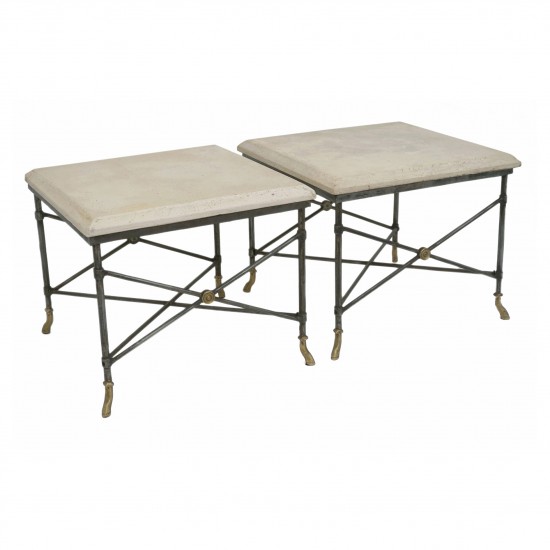 Pair of Square Metal Tables with Limestone Tops