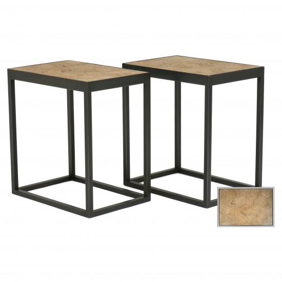 Pair of Steel Tables with Antique Oak Parquetry Tops