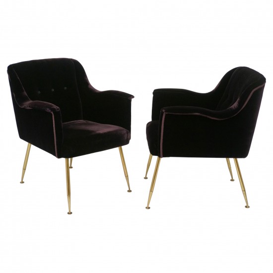 Italian Upholstered Armchairs with Brass Legs