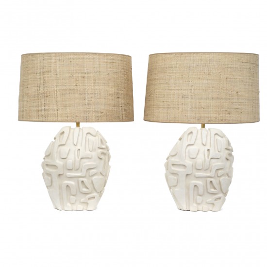 Pair of Carved White Plaster Lamps