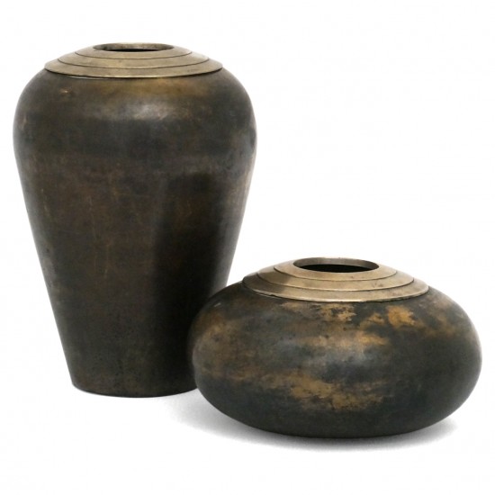 Dinanderie Vases with Brass Stepped Collars