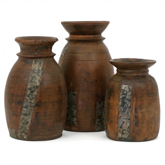 Set of Three Antique Wood Milk pot Vases