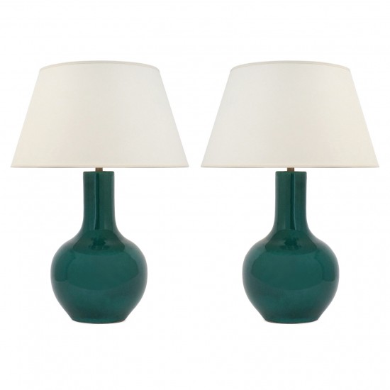 Pair of Emerald Crackle Stoneware Lamps