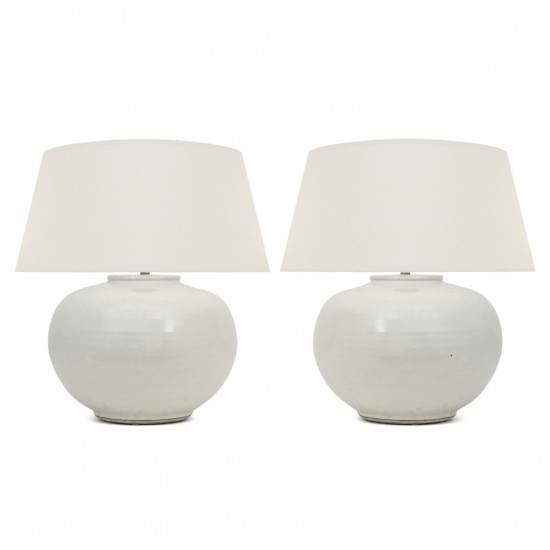 Pair of Circular White Glazed Lamps