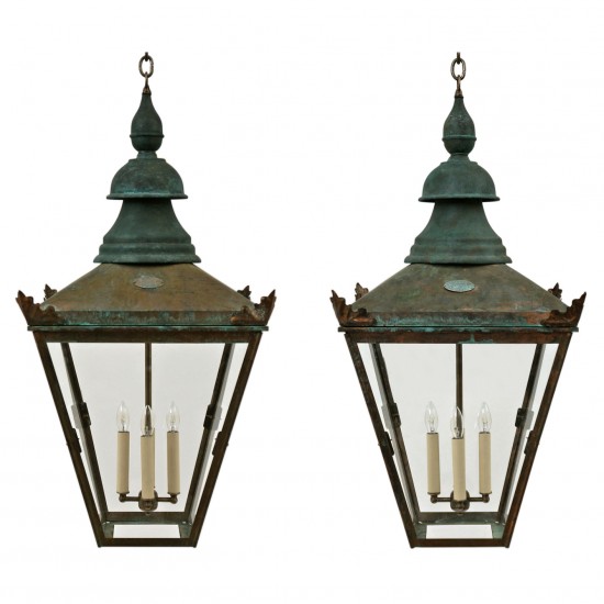 Pair of Patinated Copper Lanterns