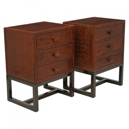 Pair of French Faux Crocodile Leather Clad Night Tables