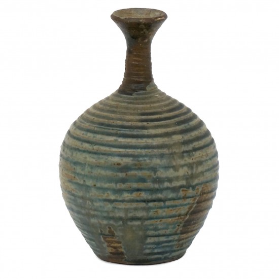Ribbed Blue, Gray, Brown Stoneware Vase