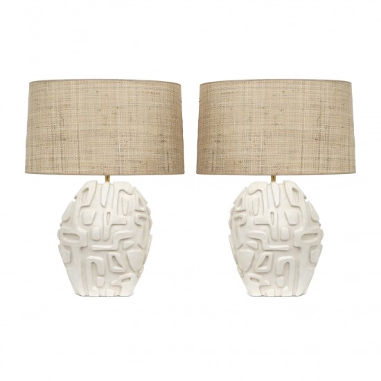 Pair of Carved White Plaster Table Lamps
