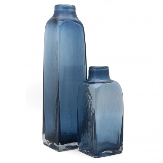 Set of Two Blue Glass Bottle Vases