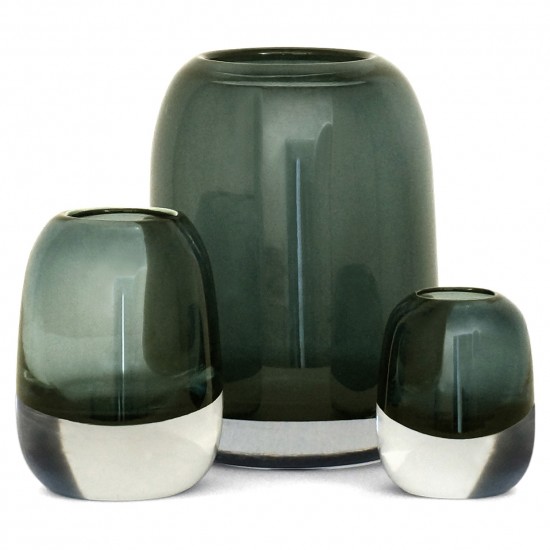 Set of 3 Molded Gray/Green Glass Vases