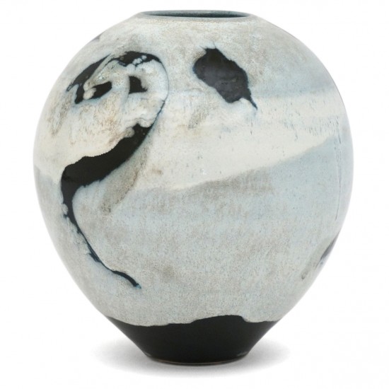 French Abstract Ceramic Vase in Light Blue, Black and White
