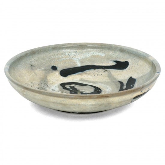 French Abstract Ceramic Bowl in Light Blue, Black and White