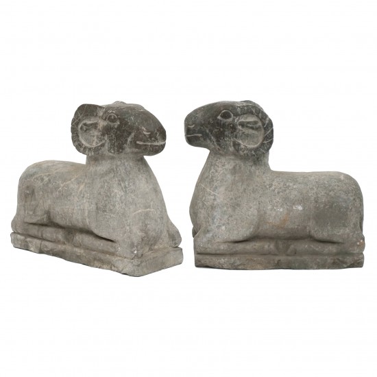 Pair of Marble Ram Sculptures