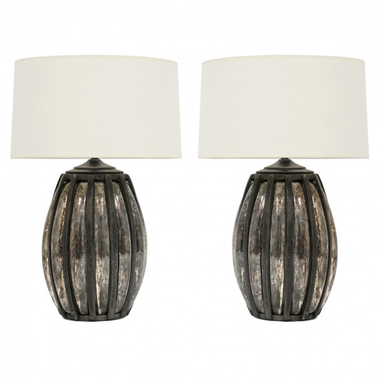Pair of Steel and Mirrored Glass Table Lamps