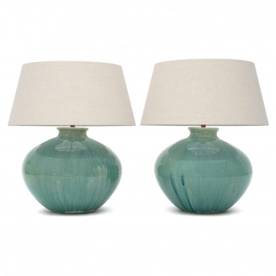 Pair of Large Blue/Green Wash Stoneware Lamps