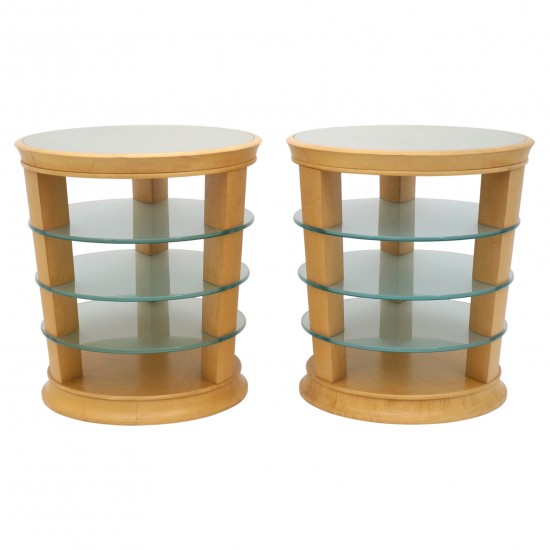 Pair of Blond Wood and Glass Side Tables