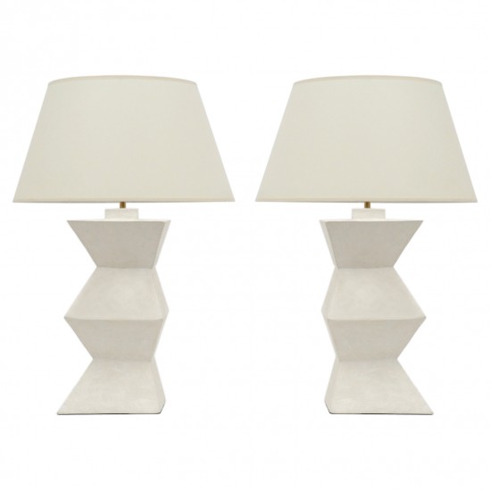 Pair Of Plaster Columnar Lamps B9159, White Plaster Table Lamps