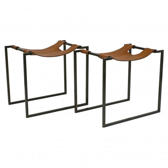 Pair of Iron and Leather Benches