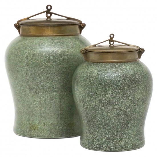 Set of Two Faux Shagreen Ceramic Urns with Lids