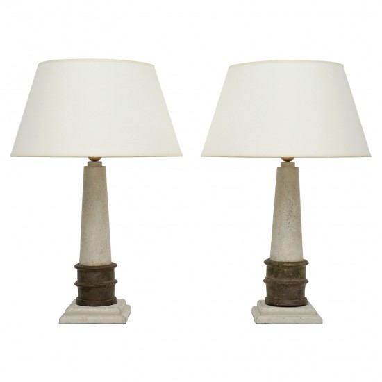 Painted Wood Column Lamps with Iron Collar
