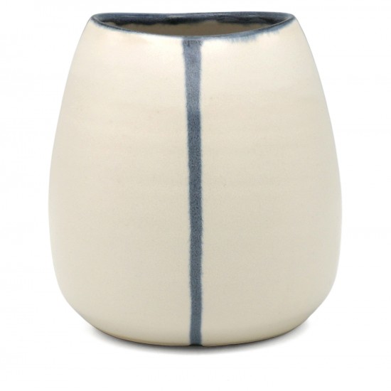 Shaped White Ceramic Vase with Blue Stripes