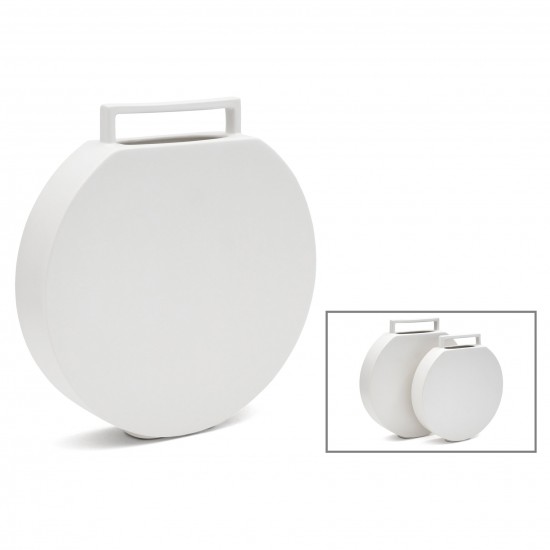 Circular Flat White Ceramic Vase with Handle