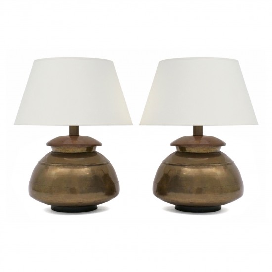Pair of Brass and Hammered Copper Lamps