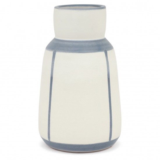 White Stoneware Vase with Blue Stripes