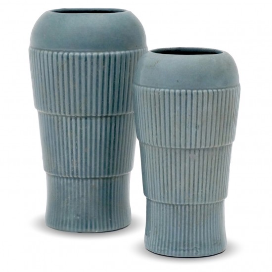 Set of Two Light Blue Cast Iron Vases