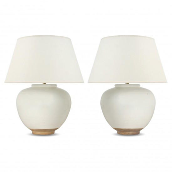 Pair of White Glazed Terra Cotta Lamps