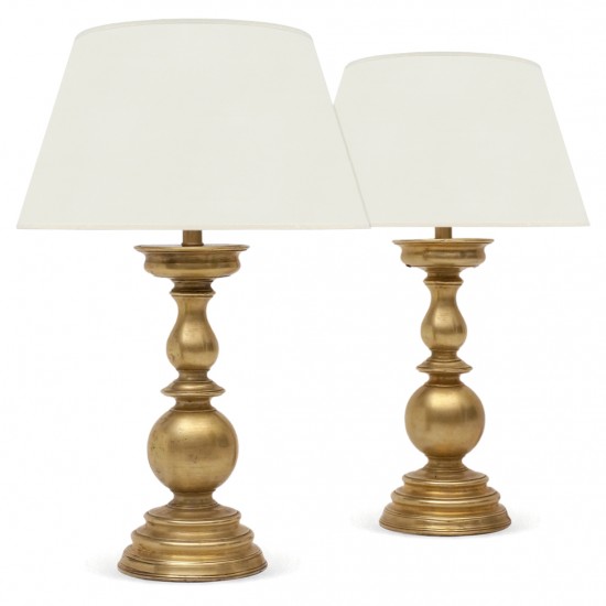 Pair of Turned Brass Candlestick Lamps